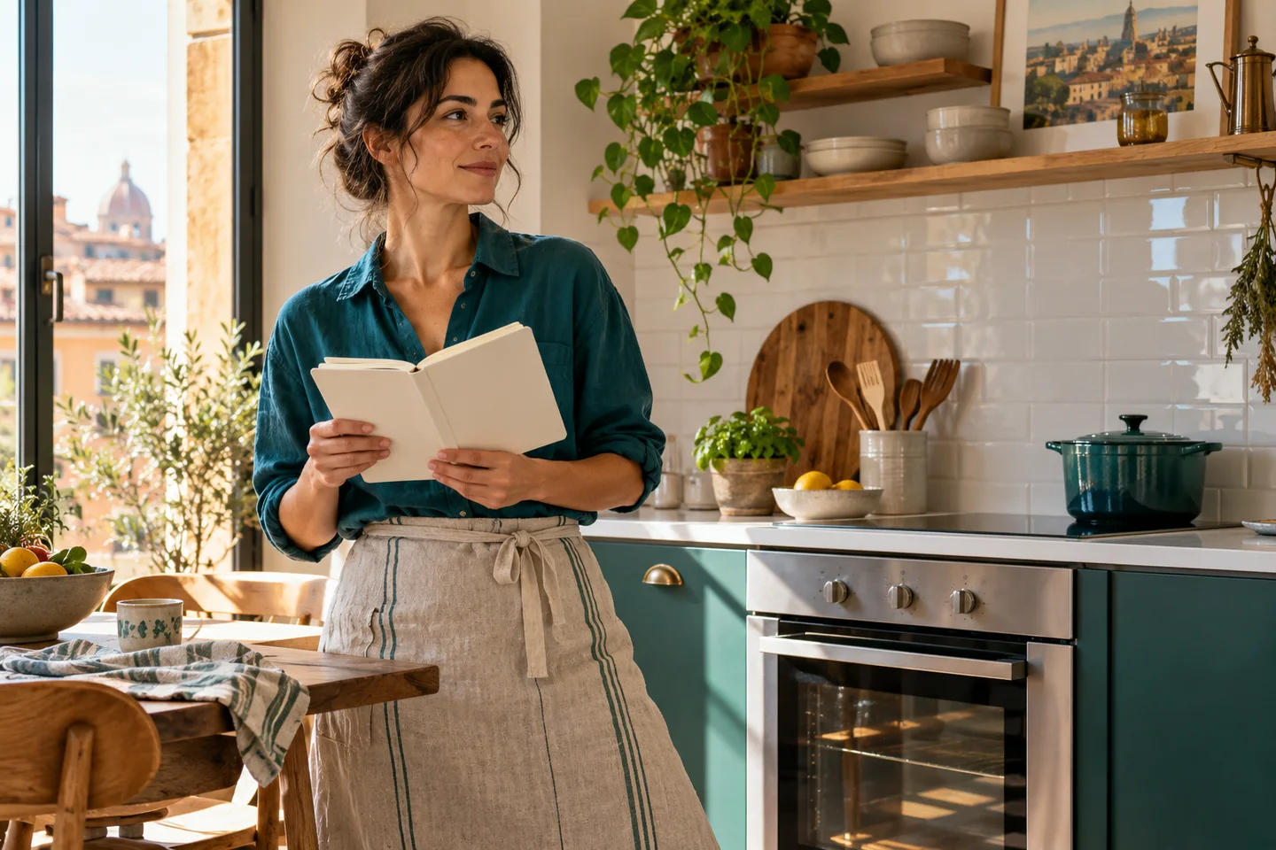 Forno domestico e quaderno aperto su un piano di cucina